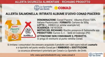 Allerta alimentare: richiamo precauzionale per salmonella spp nell'albume d'uovo