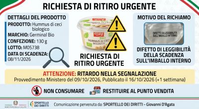 Allerta alimentare, richiamato lotto di hummus di ceci Bio Germinal bio per scadenza illeggibile
