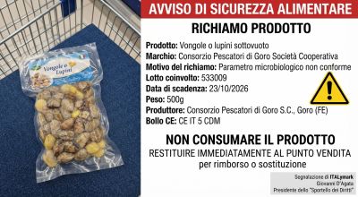 Sicurezza alimentare: ritirate vongole sottovuoto del Consorzio Pescatori di Goro per non conformità microbiologica