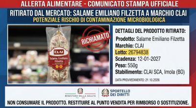 Allerta alimentare: ritirato dal mercato lotto di salame emiliano filzetta a marchio Clai per potenziale rischio microbiologico