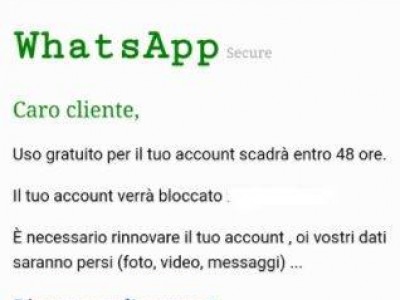 Finti Messaggi per “Whatsapp”: “Uso gratuito per il tuo account scade entro 48 ore”. Lo “Sportello dei Diritti”: è una truffa