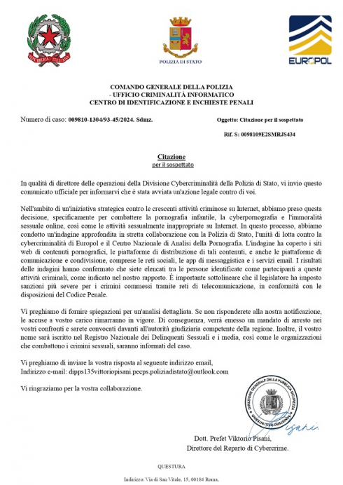 Allerta in rete della Polizia Postale per le false convocazioni giudiziarie che sfruttano il nome del Capo della Polizia!